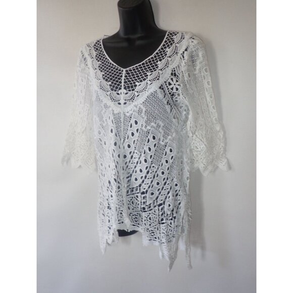 Mind Set By XCVI Womens White Lace Crochet Tunic Cover Up Top S Beach Hi Low - Picture 4 of 8